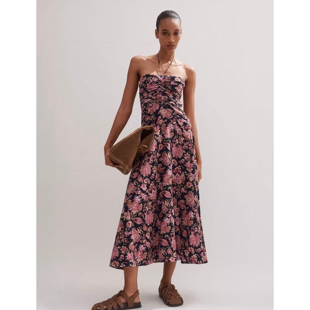 ME+EM Paisley Print Midi Dress Halter Cotton Pink Floral Size 10 Drop Waist